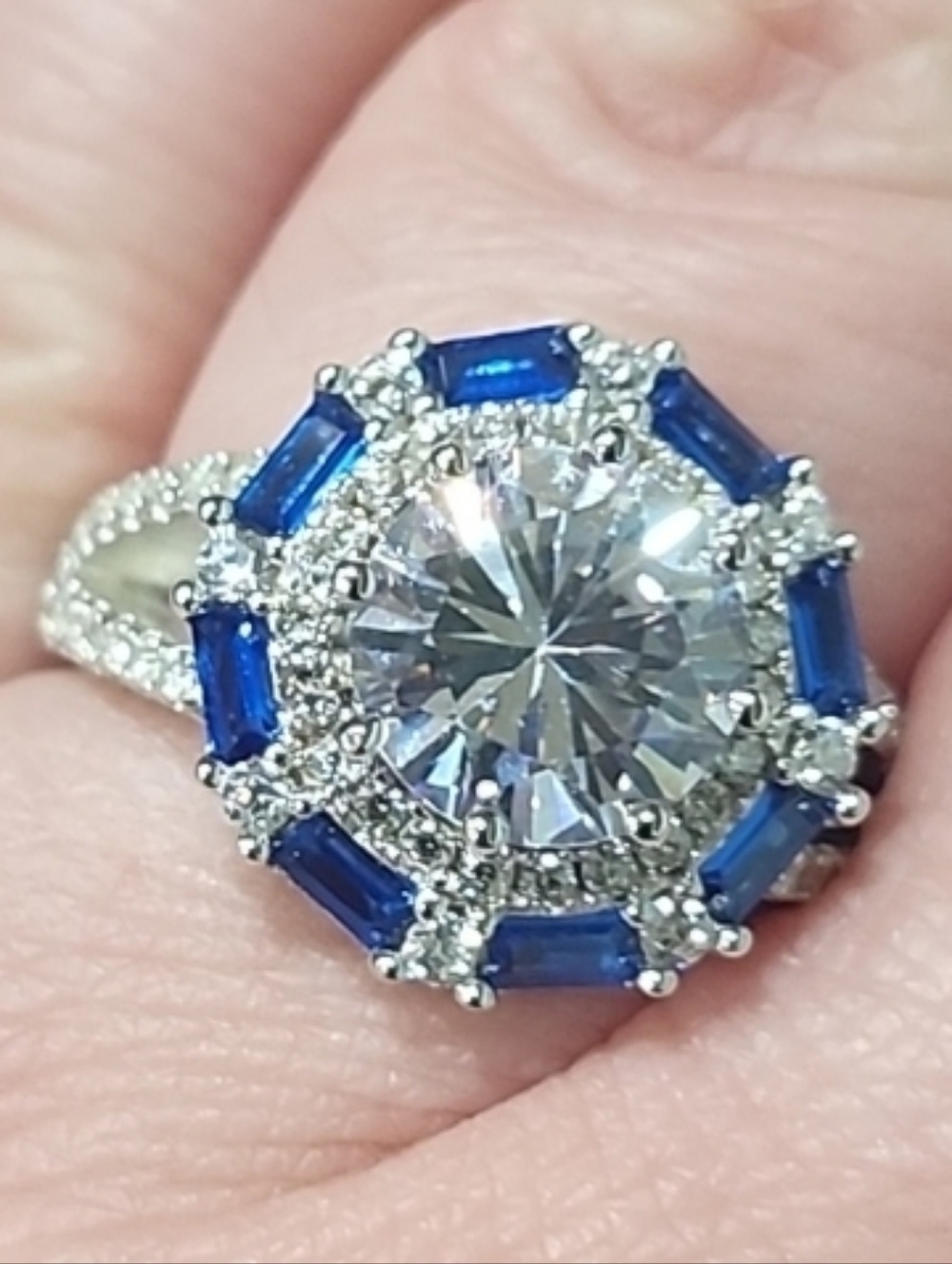 NWT JTV Blue Sapphire Halo Round White Diamond Simulant Sterling Silver Ring  5